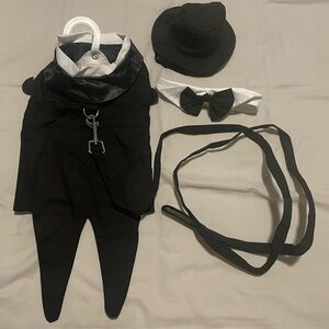 Dog Tuxedo Set with Hat, Bow Tie & Leash for small dogs